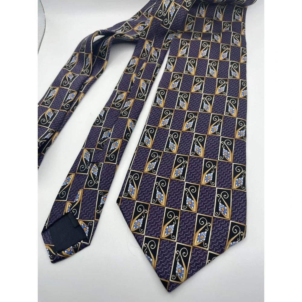 Jos A Bank Silk Tie Mens Purple Gold Geometric Art Deco Handsewn Made in USA